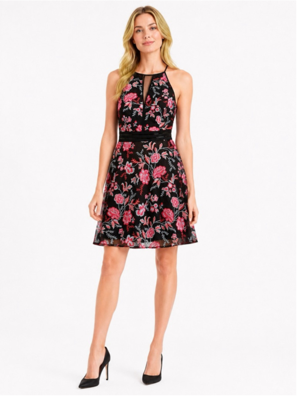 By & By Black Pink Floral Embroidered Mini Dress S